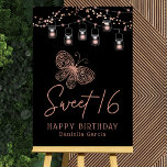 Sweet 16 Rose Gold Butterfly Chic Modern Birthday Foam Board<br><div class="desc">Sweet 16 Rose Gold Butterfly Chic Modern Birthday Foam Board Poster features elegant a rose gold butterfly with string lights on a black background with Sweet 16 in elegant calligraphy script with "Happy Birthday" and personalized with your custom name below. Personalize by editing the text in the text boxes. Designed...</div>