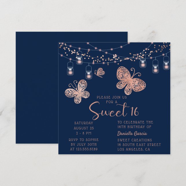 Sweet 16 Rose Gold Butterfly Chic Modern Birthday Invitation (Front/Back)