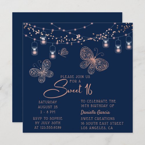 Sweet 16 Rose Gold Butterfly Chic Modern Birthday