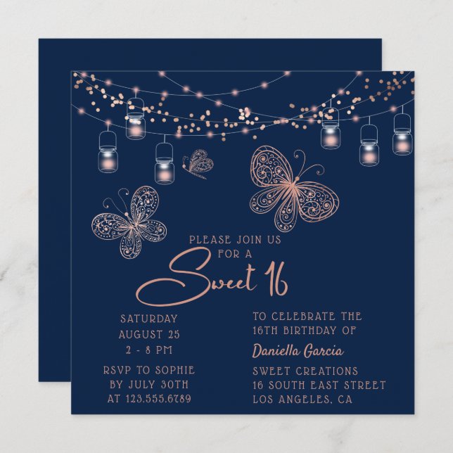 Sweet 16 Rose Gold Butterfly Chic Modern Birthday Invitation (Front/Back)