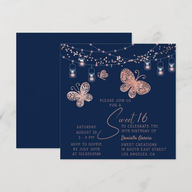 Sweet 16 Rose Gold Butterfly Chic Modern Birthday Invitation (Front/Back)