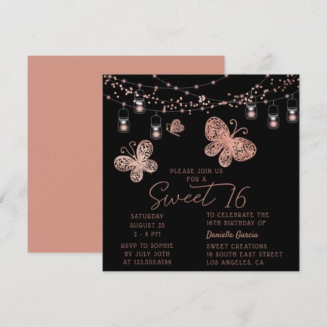 Sweet 16 Rose Gold Butterfly Chic Modern Birthday Invitation (Front/Back)