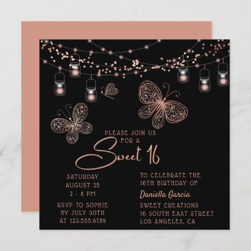 Sweet 16 Rose Gold Butterfly Chic Modern Birthday Invitation