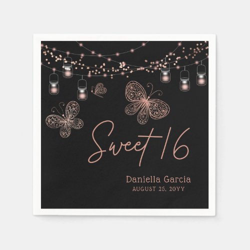 Sweet 16 Rose Gold Butterfly Chic Modern Birthday Napkins