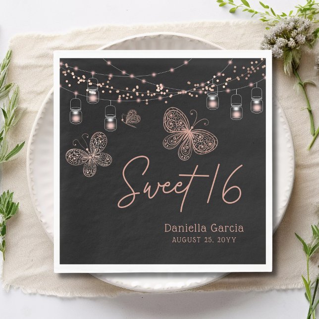 Sweet 16 Rose Gold Butterfly Chic Modern Birthday  Napkins (Creator Uploaded)