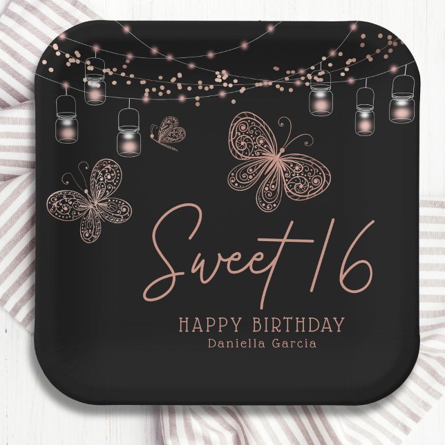 Sweet 16 Rose Gold Butterfly Chic Modern Birthday Paper Plates (Creator Uploaded)