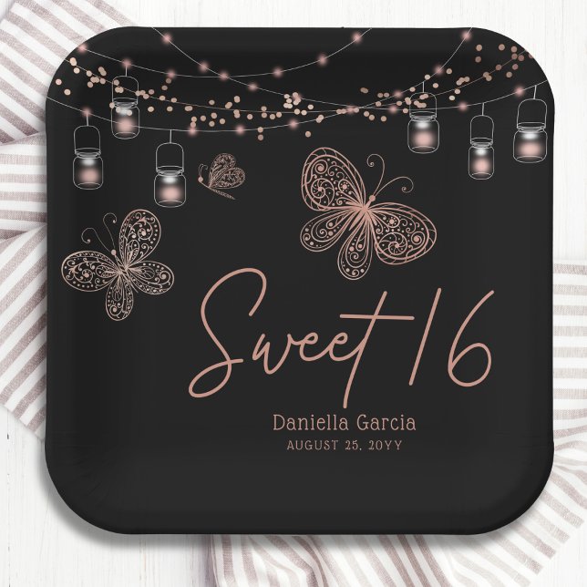 Sweet 16 Rose Gold Butterfly Chic Modern Birthday Paper Plates (Creator Uploaded)