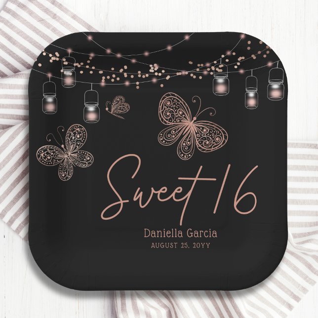 Sweet 16 Rose Gold Butterfly Chic Modern Birthday Paper Plates (Creator Uploaded)