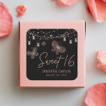 Sweet 16 Rose Gold Butterfly Chic Modern Birthday Square Sticker<br><div class="desc">Sweet 16 Rose Gold Butterfly Chic Modern Birthday Stickers & Labels features elegant rose gold butterflies with string lights on a black background with Sweet 16 in elegant calligraphy script and personalized with your name and date below. Personalize by editing the text in the text boxes. Designed for you by...</div>