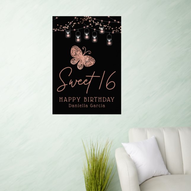 Sweet 16 Rose Gold Butterfly Chic Modern Birthday Wall Decal (Living Room)