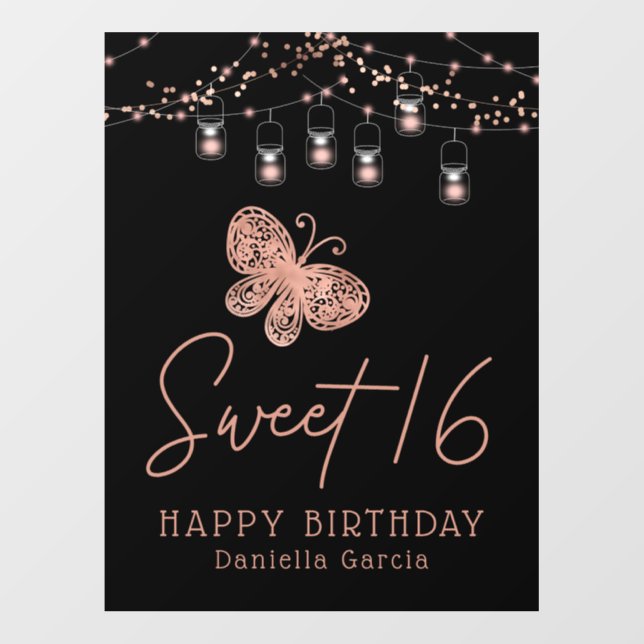 Sweet 16 Rose Gold Butterfly Chic Modern Birthday Wall Decal (Front)
