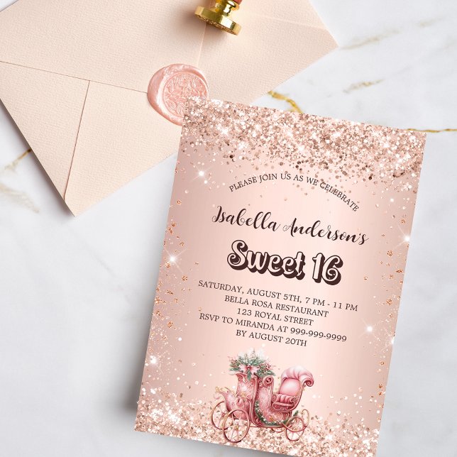 Sweet 16 rose gold carriage elegant invitation postcard (Creator Uploaded)