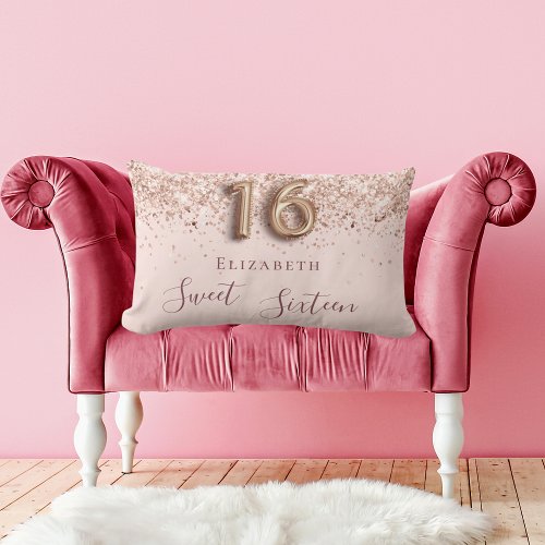 Sweet 16 rose gold confetti name lumbar pillow