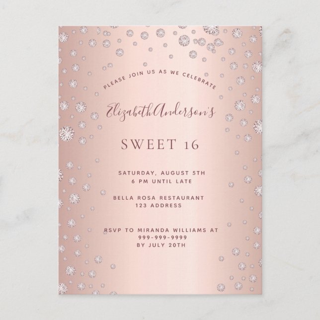 Sweet 16 rose gold diamonds glamorous invitation postcard (Front)