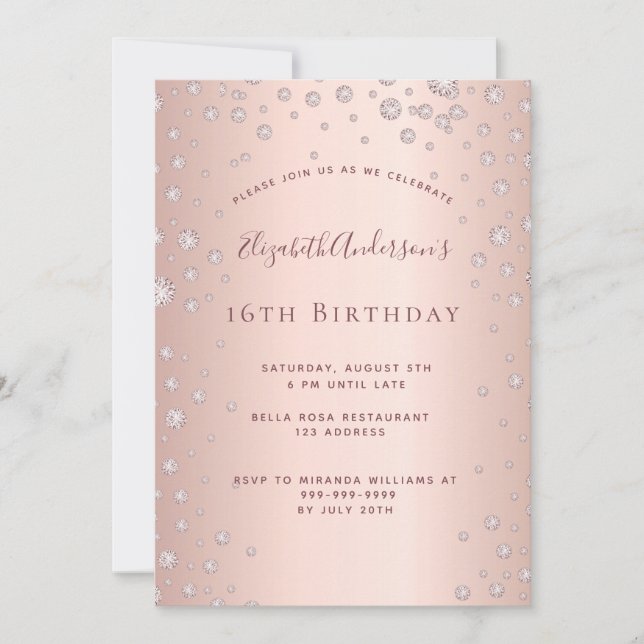 Sweet 16 rose gold diamonds invitation (Front)