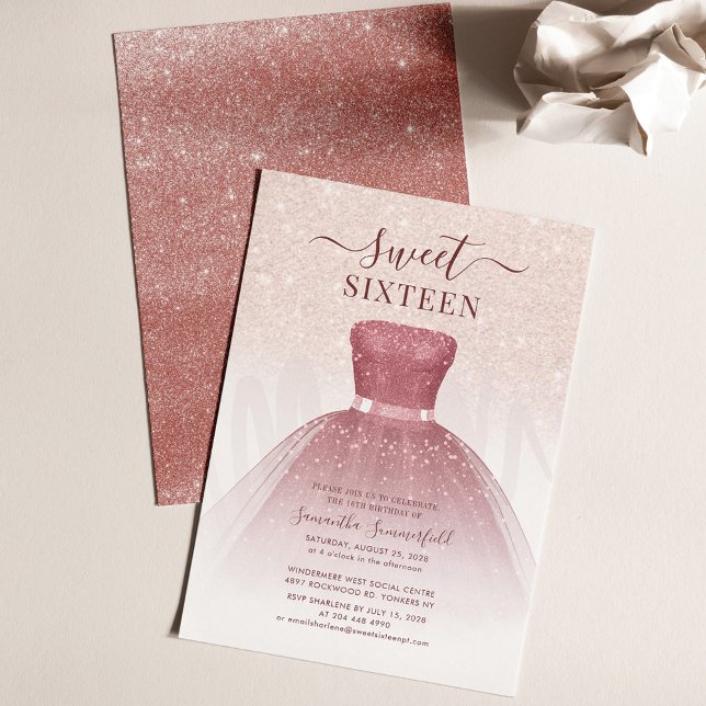 Sweet 16 Rose Gold Dress Birthday Party Invitation (Sweet 16 Rose Gold Sxteenth Birthday Party Invitation)