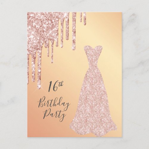 Sweet 16 rose gold dress glitter drips invitation postcard