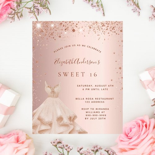 Sweet 16 rose gold dress invitation