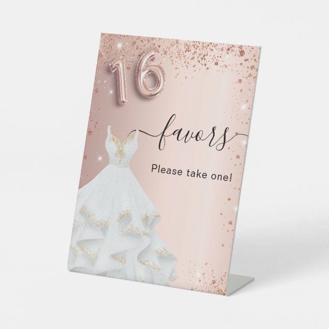 Sweet 16 rose gold dress party favors pedestal sign (Front)