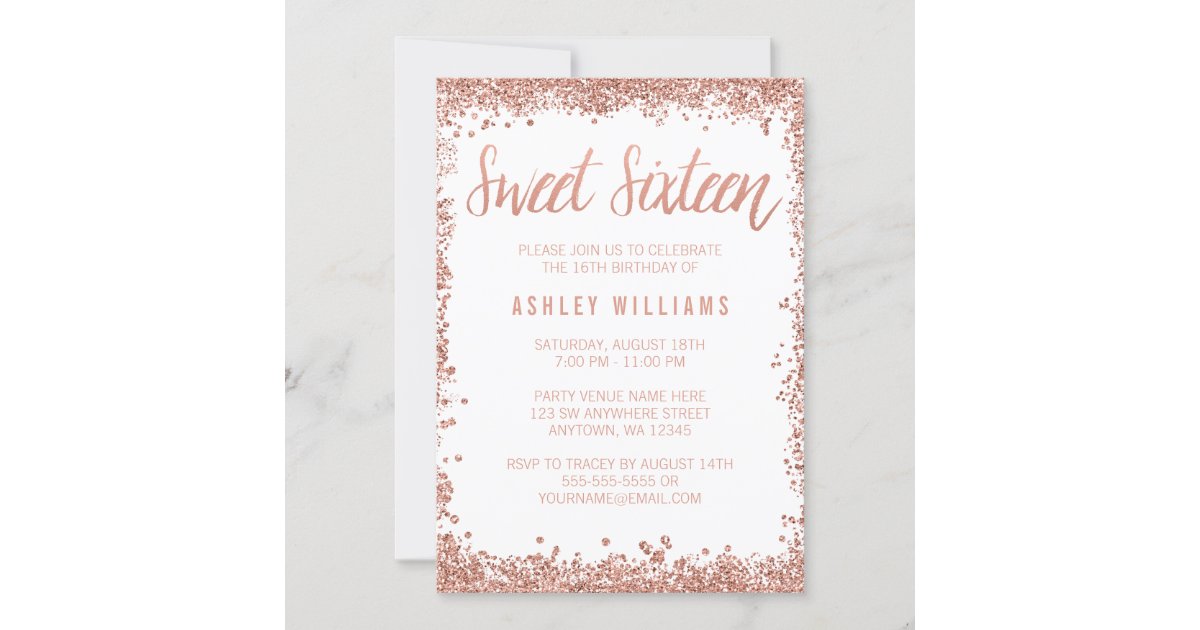 Modern dusty rose gold glitter ombre Sweet 16 Invitation, Zazzle