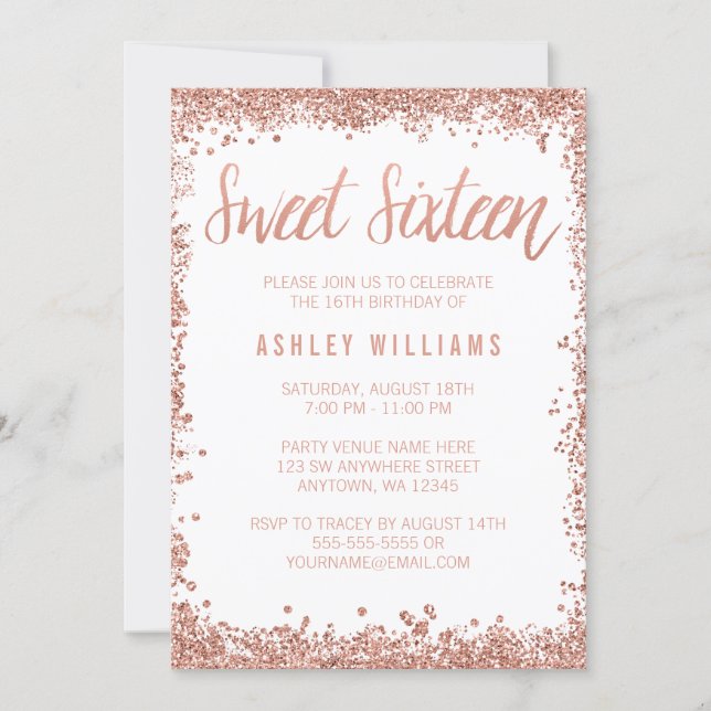 Sweet 16 Rose Gold Faux Glitter Birthday Party Invitation (Front)
