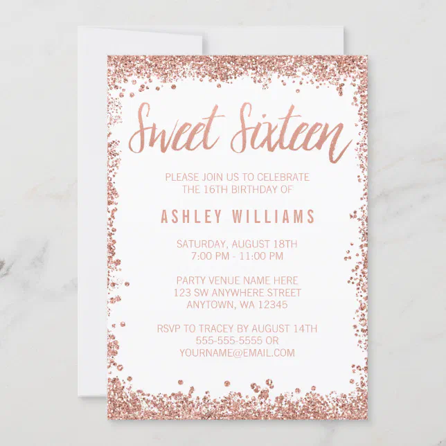 Sweet 16 Rose Gold Faux Glitter Birthday Party Invitation | Zazzle