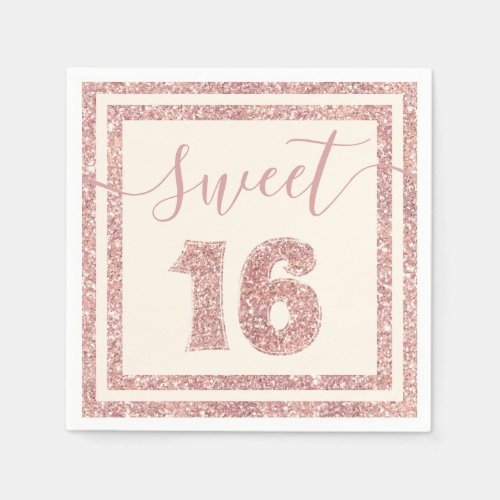 Sweet 16 Rose Gold Faux Glitter Birthday Party Napkins