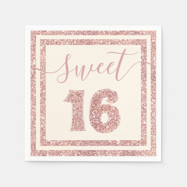 Sweet 16 Rose Gold Faux Glitter Birthday Party Napkins (Front)