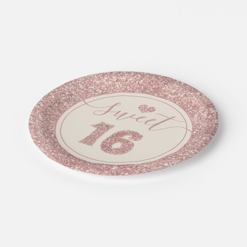 Sweet 16 Rose Gold Faux Glitter Birthday Party Paper Plates