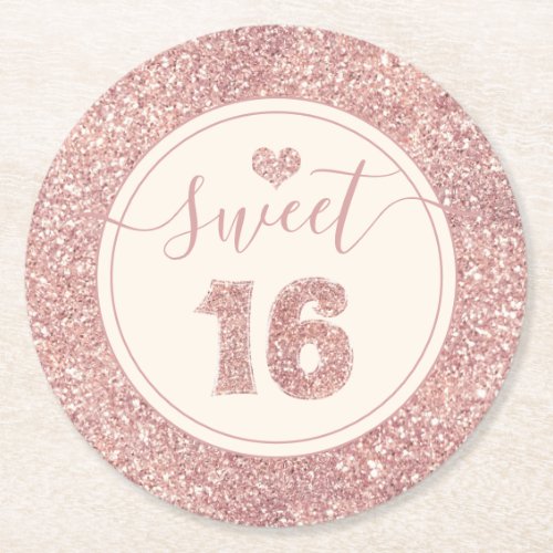 Sweet 16 Rose Gold Faux Glitter Birthday Party Round Paper Coaster