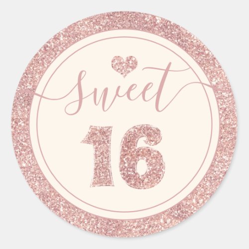 Sweet 16 Rose Gold Faux Glitter Heart Birthday Classic Round Sticker