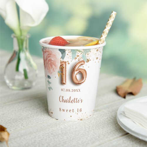 Sweet 16 rose gold florals glitter monogram paper cups