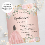 Sweet 16 rose gold flowers dress budget invitation<br><div class="desc">A modern, stylish and glamorous invitation for a Sweet 16, 16th birthday party. A rose gold background with blush pink flowers, a girl wearing a ball gown. The name is written with a modern hand lettered style script. Personalize and add your party details. 1 sheet = 1 invitation printed edge...</div>