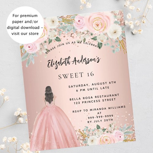 Sweet 16 rose gold flowers dress budget invitation flyer