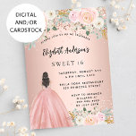 Sweet 16 rose gold flowers dress invitation<br><div class="desc">A modern,  stylish and glamorous invitation for a Sweet 16,  16th birthday party.  A rose gold background with blush pink flowers,  a girl wearing a ball gown.  The name is written with a modern hand lettered style script.  Personalize and add your party details.</div>