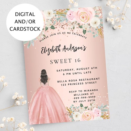Sweet 16 rose gold flowers dress invitation