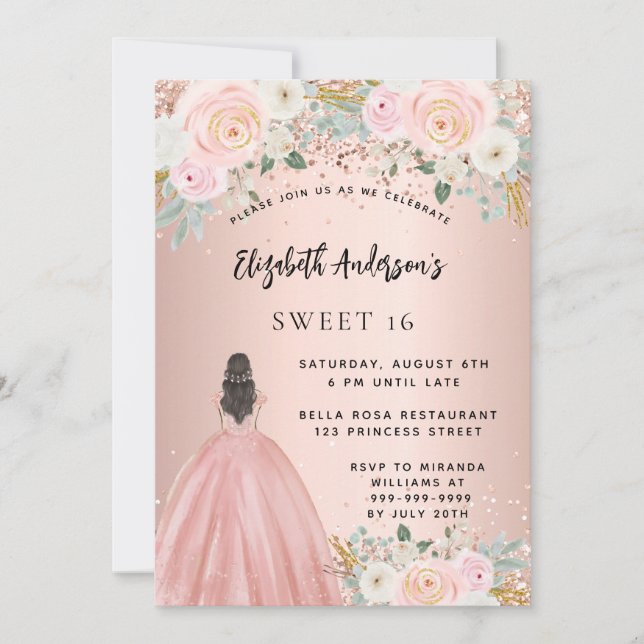 Sweet 16 rose gold flowers dress invitation | Zazzle