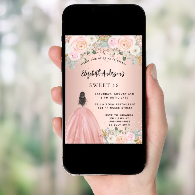 Sweet 16 rose gold flowers dress invitation (Front Digital)