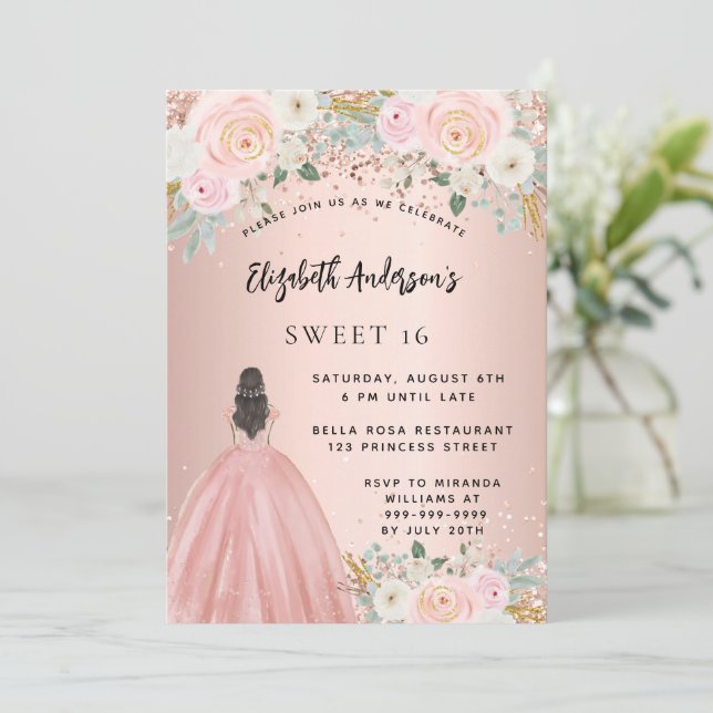 Sweet 16 rose gold flowers dress invitation | Zazzle