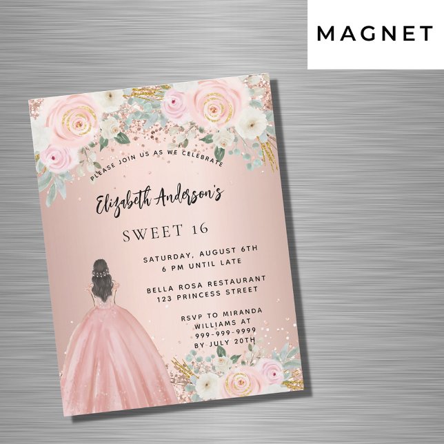 Sweet 16 rose gold flowers dress luxury magnetic invitation (Creator Uploaded)
