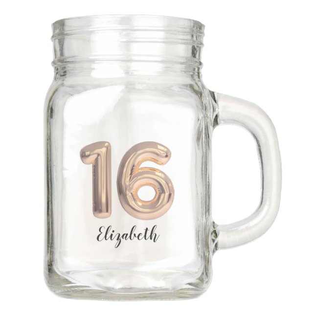 Sweet 16 Rose Gold Foil Balloon Personalized Mason Jar (Front)