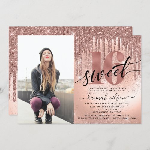 Sweet 16 Rose Gold Foil  Glitter Photo Invitation