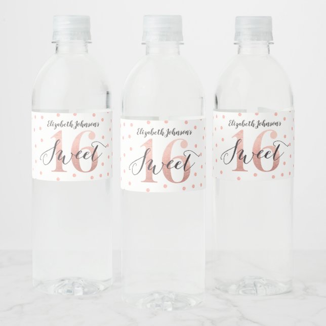 Sweet 16 Rose Gold Foil  Water Bottle Label (Bottles)