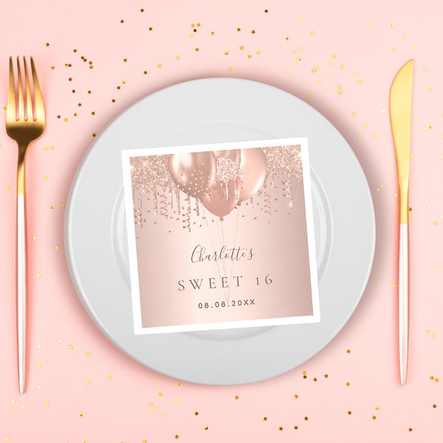 Sweet 16 rose gold glitter balloons monogram 16th napkins (Creator Uploaded)
