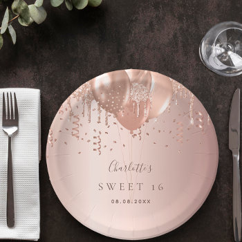 Sweet 16 Rose Gold Glitter Balloons Monogram 16th Paper Plates by Thunes at Zazzle