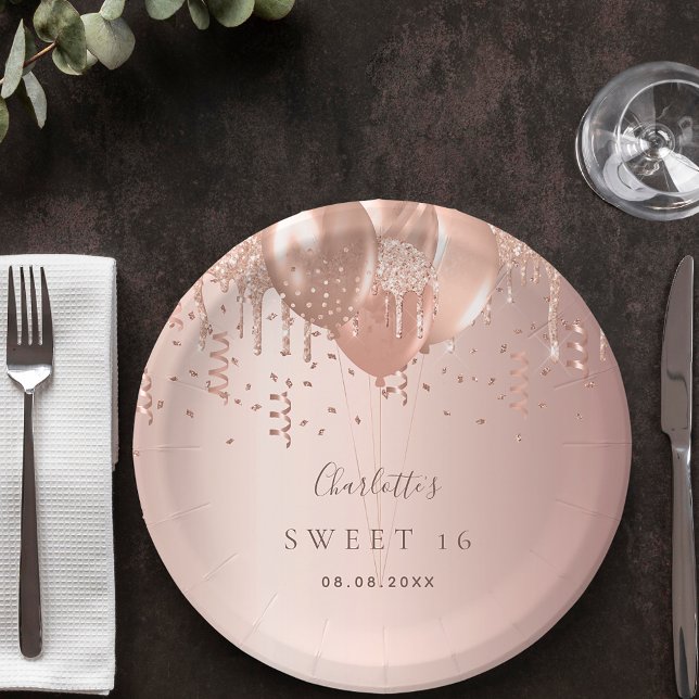 Sweet 16 rose gold glitter balloons monogram 16th paper plates (Creator Uploaded)