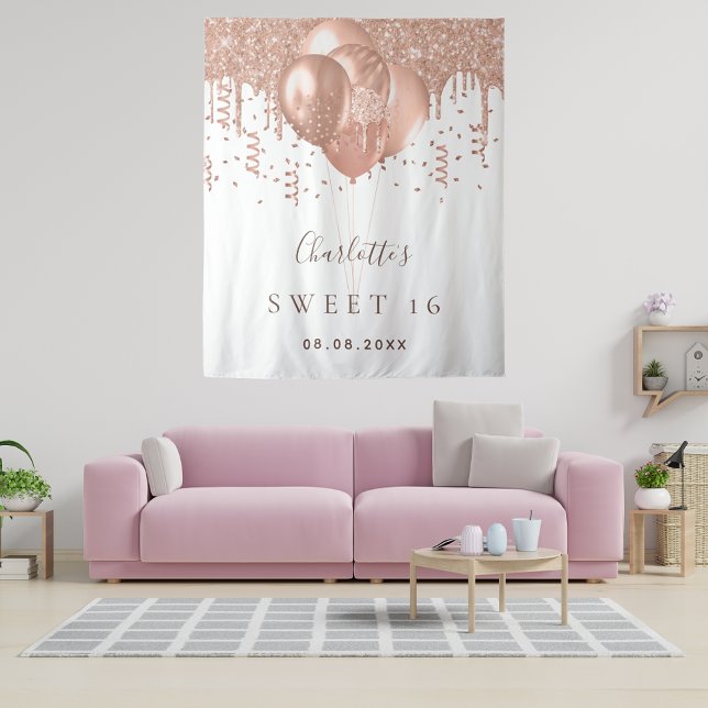 Sweet 16 rose gold glitter balloons monogram 16th tapestry (Creator Uploaded)