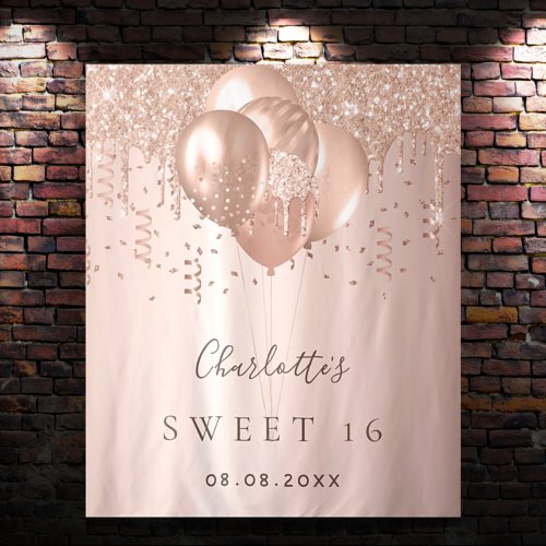 Sweet 16 rose gold glitter balloons monogram 16th tapestry