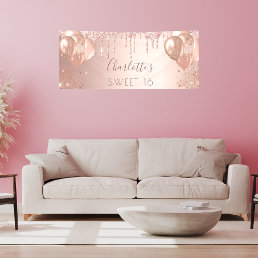 Sweet 16 rose gold glitter balloons monogram banner