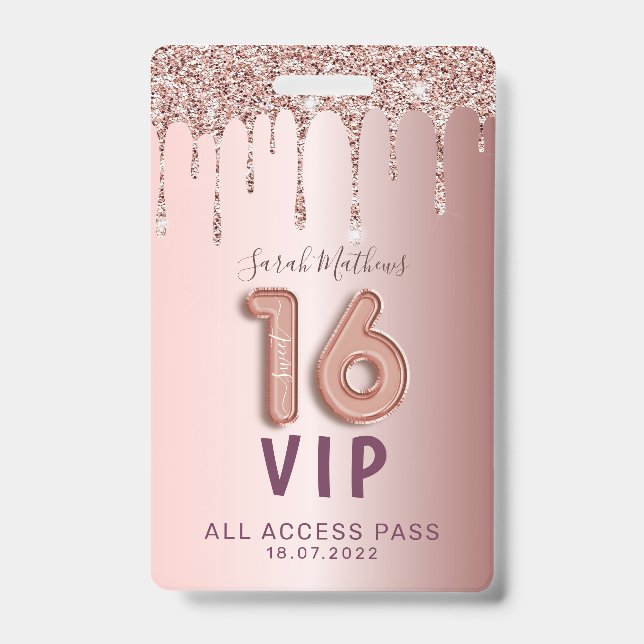 Sweet 16 Rose Gold Glitter Birthday Invitation  Badge (Front)